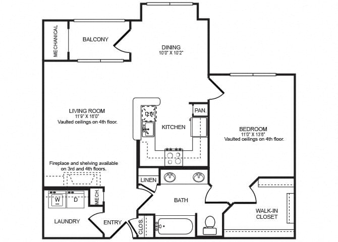 Floor plan for 1 bed, 1 bath, 865 sqft